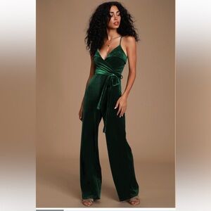 WORN ONCE Lulu’s Kylinna Forest Green Velvet Sleeveless Wide-Leg Jumpsuit, Large
